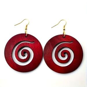 Burgundy red wood boho swirl earrings lightweight jewelry